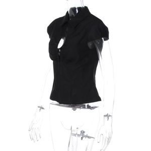 Detail view of black slim fit shirt with turn-down collar and ruched chest design