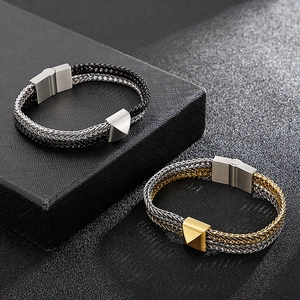 Two-tone woven stainless steel dragon bone chain bracelets with triangular clasp