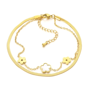18K gold plated double layer anklet with flat snake chain and white clover pendants