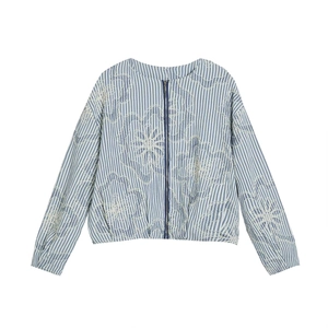 Women Long Sleeve Striped Jacket Floral Embroidery Wool Like Zip Up Casual Outerwear Fashion Coat
