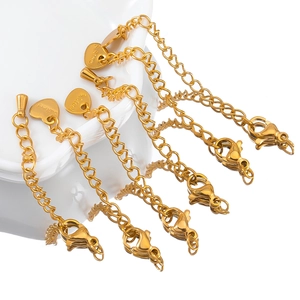 Golden stainless steel extension chain with lobster clasp and heart pendant for jewelry