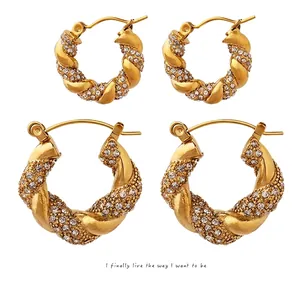 Twisted Hoop Earrings 18K Gold Plated Titanium Steel With Zircon Pavé U Shaped Stainless Steel Earring Post For Women