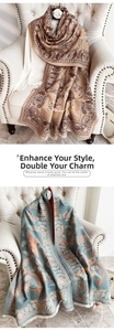 Detail of cashmere-like scarves with paisley patterns and elegant fringe textures