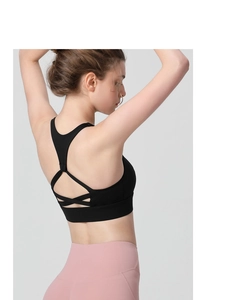 Détail du soutien-gorge de sport à impact élevé avec bretelles croisées et tissu élastique mat