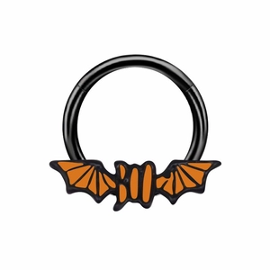 Halloween bat nose ring with heart shape and black-orange drop oil finish in stainless steel
