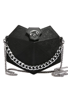 Black geometric diamond pattern shoulder bag with silver chunky chain and metal strap