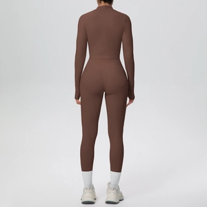 Back view of brown long sleeve zip-up jacket and yoga leggings 3-piece fitness set
