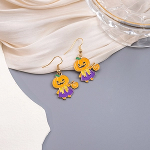 Halloween pumpkin earrings featuring orange pumpkin heads and purple dress charms