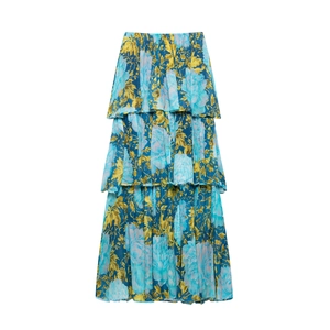 Women Floral Print Bandeau Mini Dress Tiered Ruffle Cake Skirt Bohemian Sleeveless Polyester Summer Beach Vacation Dress