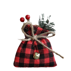 Christmas burlap drawstring gift bag with red black buffalo plaid and festive ornaments