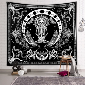 Detailed mystical tapestry featuring sun, moon phases and skeletons on a brick wall