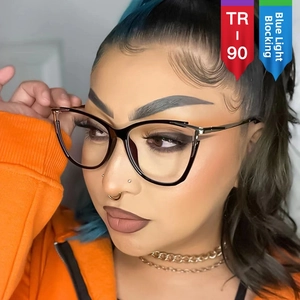 Close-up of model wearing cat-eye TR90 blue light blocking glasses with metal accents