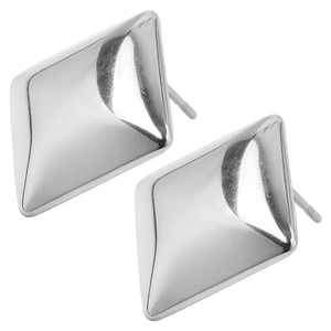 Close-up of polished 304 stainless steel geometric diamond shaped stud earrings in silver