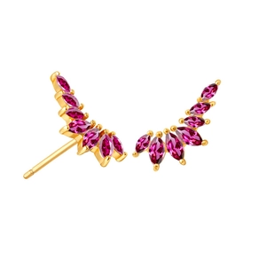 Detail showing marquise-cut red purple zircon wing earrings in gold plated finish