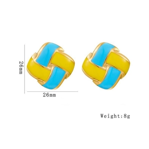 Minimalist geometric square earrings with light blue and yellow enamel in gold finish