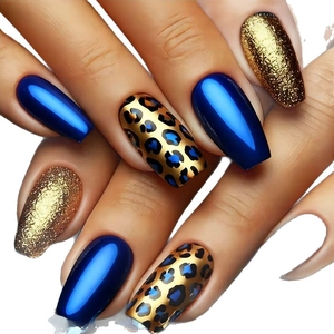Dunkelblaue Leopardenmuster und Goldglitzer Sarg-Kunstnägel Set für einen luxuriösen Look