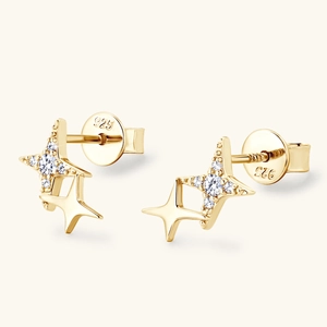Elegant 925 silver gold-plated star stud earrings featuring sparkling white zircon stones