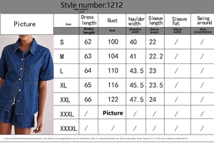 Size chart showing S-XXL dimensions for short sleeve washed denim shirt and shorts set