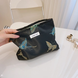 New Chinese style black makeup bag with colorful butterfly embroidery and top zipper