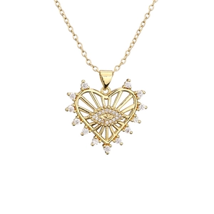 Gold heart necklace with evil eye pendant and micro-set cubic zirconia crystals