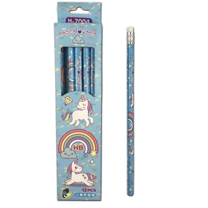 Rainbow unicorn HB pencils set in blue box with triangular ergonomic wood grip