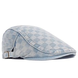 Retro light blue checkered flat cap in denim style with adjustable metal buckle closure