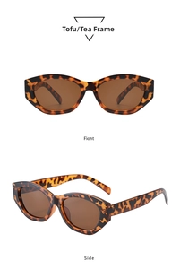 Detailed view of tortoiseshell cat-eye sunglasses with brown lenses from front and side angles