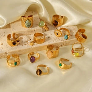 French vintage stainless steel rings with colorful natural stones on silk and stone