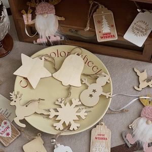 Natural wood Christmas tree ornaments set with star, bell, and deer shapes for DIY decor