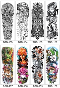 Detailed catalog of 8 temporary full-arm tattoo stickers with diverse artistic patterns