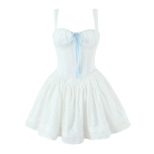 Mini Kleid Weiß Baumwollspitze Blaue Bandschleife Süßer Lolita Stil Ärmellos Cami Herz Ausschnitt Rückenfrei Party Damen