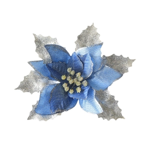 Elegant blue and silver artificial Christmas flower decoration with sparkling glitter details
