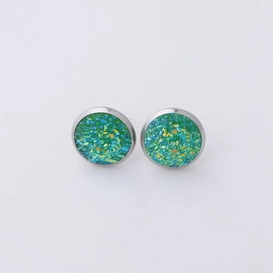 Minimalist 8mm stainless steel stud earrings with glittery teal crushed stone texture