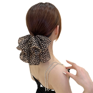 Leopard print mesh layered bow hair clip for women, elegant oversized chiffon spring barrette
