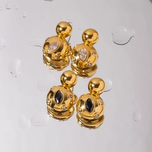 18k gold plated chunky double-layer ball earrings with marquise stones and zircon accents
