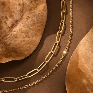 Minimalist gold stainless steel layered paperclip and fine circle link chain bracelet