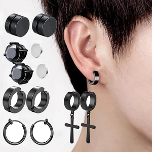 Set di orecchini magnetici neri e clip a croce in acciaio inossidabile da uomo