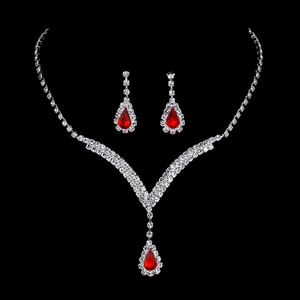 Parure de bijoux de mariée étincelante avec strass rouges en forme de goutte d'eau