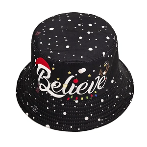 Christmas Santa bucket hat in black with white polka dots and Believe graphic print