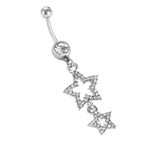 Detailed view of silver curved navel ring featuring double hollow star-shaped pendants