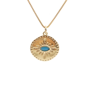 Gold-plated Evil Eye pendant necklace with blue turquoise and box chain on white background