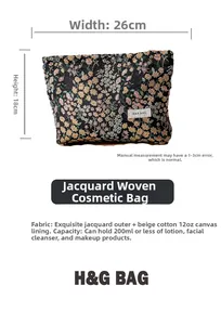 Floral jacquard travel bag detail showing 26x18cm size and canvas lining texture