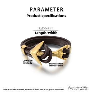 Detailed technical diagram showing cowhide leather and stainless steel anchor bracelet