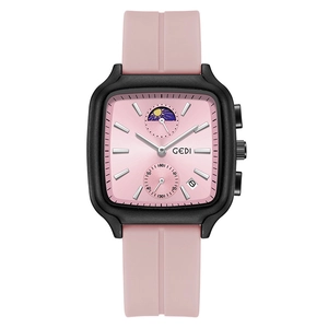 Square black quartz watch with pink silicone strap and sunburst dial featuring date window