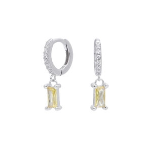Detail of s925 silver hoop earrings with rectangular yellow zircon drops and pave stones