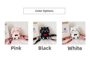 Detailed comparison of pink, black, and white silicone cat purses with cartoon straps