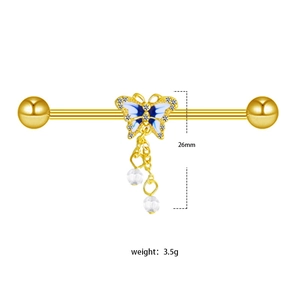 Detail of butterfly industrial barbell with blue wings, chains and beads, 26mm size
