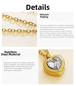 Detail view of 18k gold plated stainless steel heart pendant necklace with zircon stone