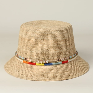 Women Raffia Straw Bucket Hat Handmade Crochet Wide Brim Sun Protection Ethnic Colorful Bead Shell Beach Vacation