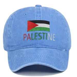 Detailed embroidery of Palestine flag and text on light blue washed cotton baseball cap